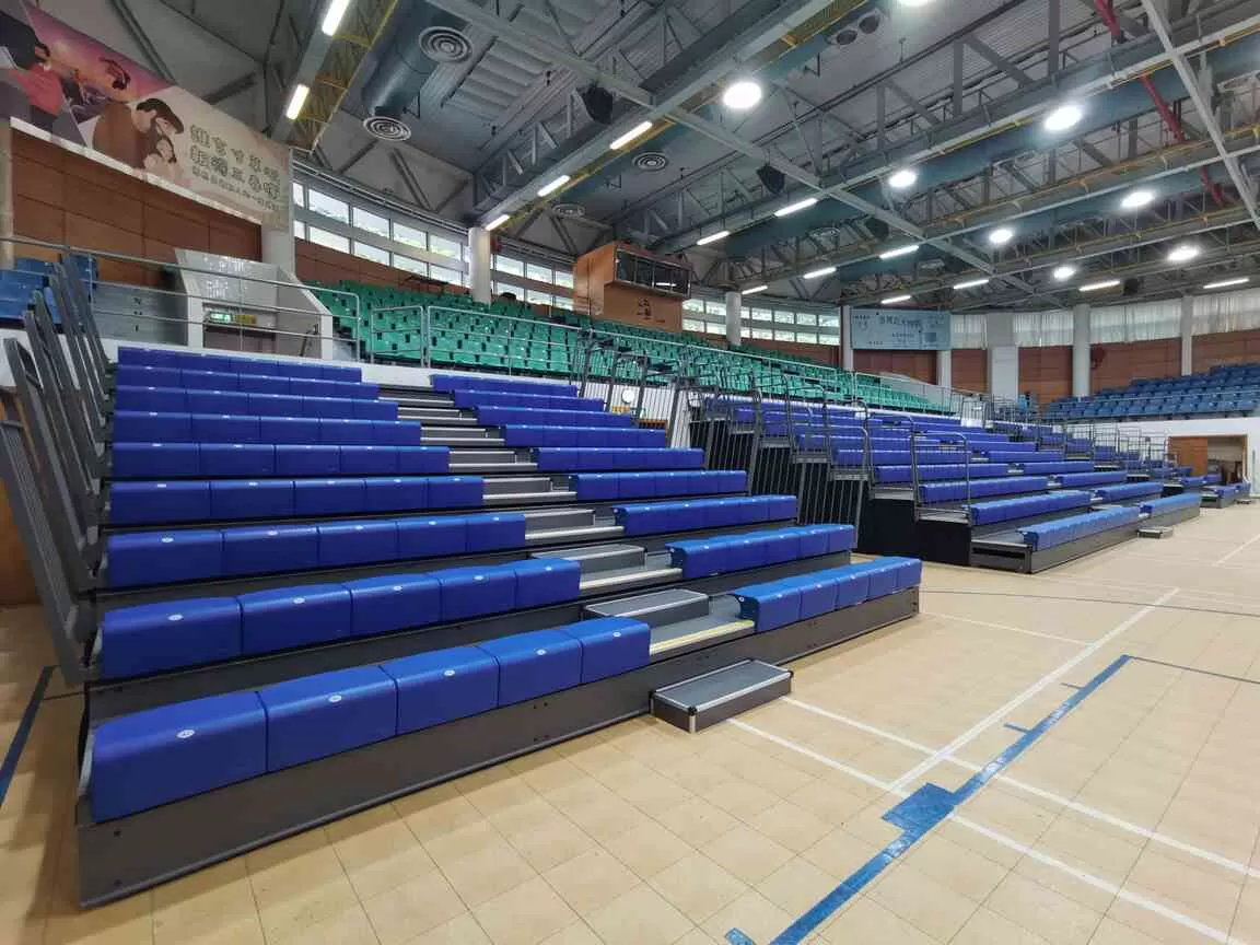 Fully expanded multi-layer telescopic bleachers, complete expandable seating portable grandstand, retractable stands foldable bleachers gym spectator seats for Macau Yuet Wah College sports hall grandstand indoor arena seating